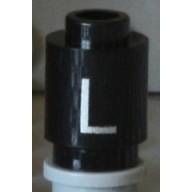 black brick round 1 x 1 with silver capital letter l pattern