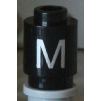 black brick round 1 x 1 with silver capital letter m pattern
