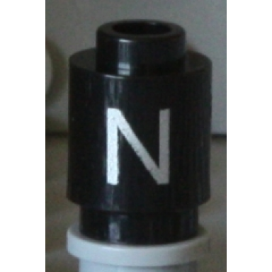 black brick round 1 x 1 with silver capital letter n pattern