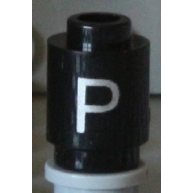 black brick round 1 x 1 with silver capital letter p pattern