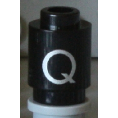 black brick round 1 x 1 with silver capital letter q pattern