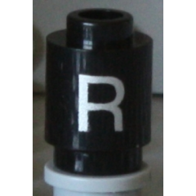 black brick round 1 x 1 with silver capital letter r pattern