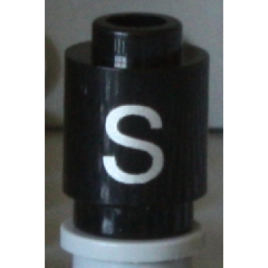 black brick round 1 x 1 with silver capital letter s pattern