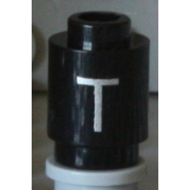 black brick round 1 x 1 with silver capital letter t pattern