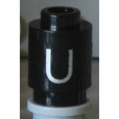 black brick round 1 x 1 with silver capital letter u pattern