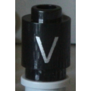 black brick round 1 x 1 with silver capital letter v pattern