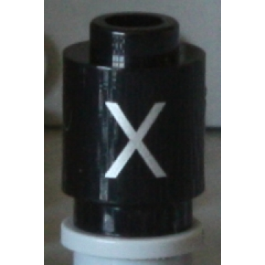 black brick round 1 x 1 with silver capital letter x pattern