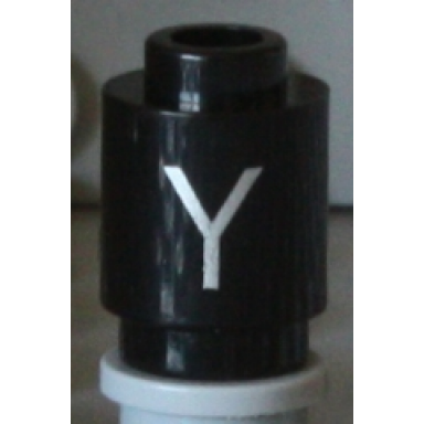 black brick round 1 x 1 with silver capital letter y pattern