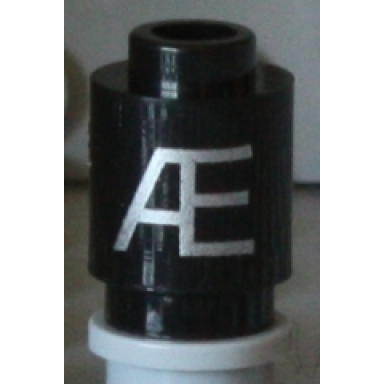 black brick round 1 x 1 with silver capital letter æ pattern