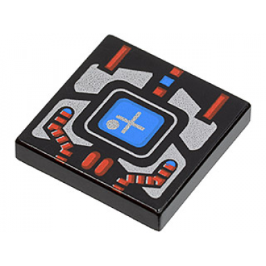 black tile 2 x 2 with spyrius blue screen with plus sign and silver and red panel pattern