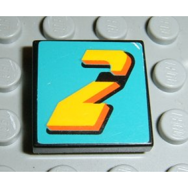 black tile 2 x 2 with number 2 yellow on turquoise background pattern sticker - set 8202