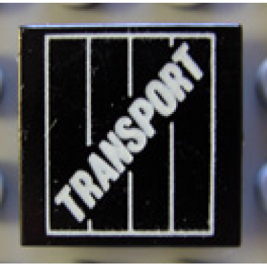 black tile 2 x 2 with transport text on crate pattern