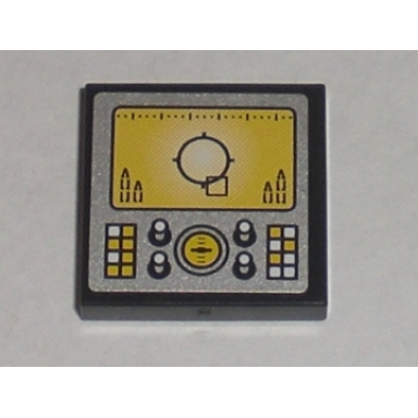 black tile 2 x 2 with silver control panel with yellow display pattern sticker - set 8971