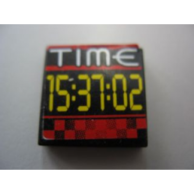 black tile 2 x 2 with white time and yellow 15:37:02 pattern sticker - set 8279