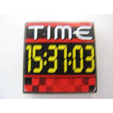 black tile 2 x 2 with white time and yellow 15:37:03 pattern sticker - set 8279
