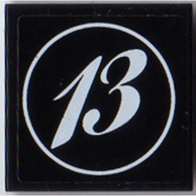 black tile 2 x 2 with white number 13 in circle pattern sticker - sets 8863 8897 8899