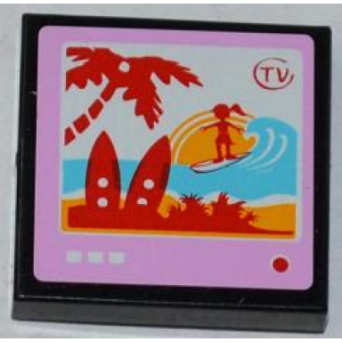 black tile 2 x 2 with tv and surfer and palm tree on screen pattern sticker - set 3184