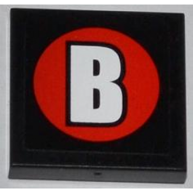 black tile 2 x 2 with white capital letter b on red circle pattern sticker - set 76005