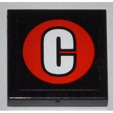 black tile 2 x 2 with white capital letter c on red circle pattern sticker - set 76005