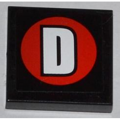 black tile 2 x 2 with white capital letter d on red circle pattern sticker - set 76005