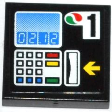 black tile 2 x 2 with 02.12 buttons card swipe yellow arrow octan logo and number 1 pattern sticker - set 4207