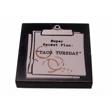 black tile 2 x 2 with clipboard with super secret plan: taco tuesday and coffee stains pattern