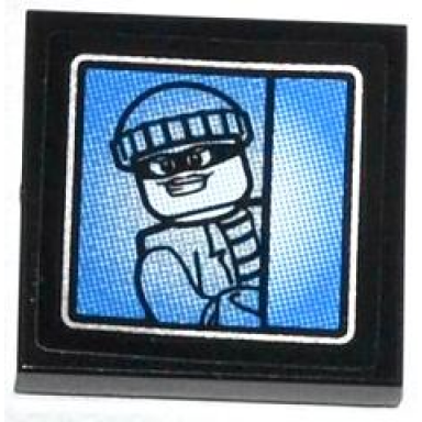 black tile 2 x 2 with bandit minifigure on surveillance screen pattern sticker - set 60044
