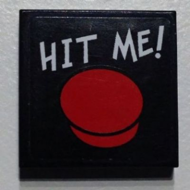 black tile 2 x 2 with white hit me! and red button pattern sticker - set 7886