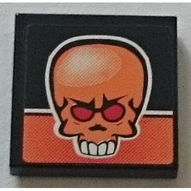 black tile 2 x 2 with orange skull with red eyes and white teeth on black and orange background pattern sticker - set 8164