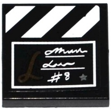 black tile 2 x 2 with film slate with white script writing 8 and stripes pattern sticker - set 41117