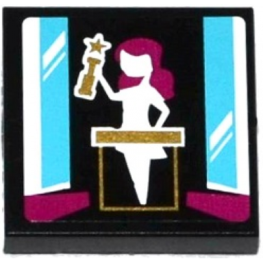 black tile 2 x 2 with female holding trophy with star pattern sticker - set 41117