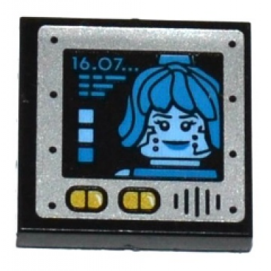 black tile 2 x 2 with 16.07.. and dark azure female minifigure head on screen speaker grille and yellow buttons pattern sticker - set 70588