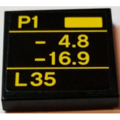 black tile 2 x 2 with yellow lines and p1 - 4.8 -16.9 and l35 on black background pattern sticker - set 75913