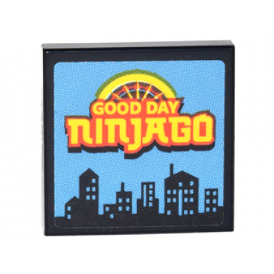 black tile 2 x 2 with tv screen with yellow good day ninjago semicircle and black city skyline on medium blue background pattern sticker - set 70620