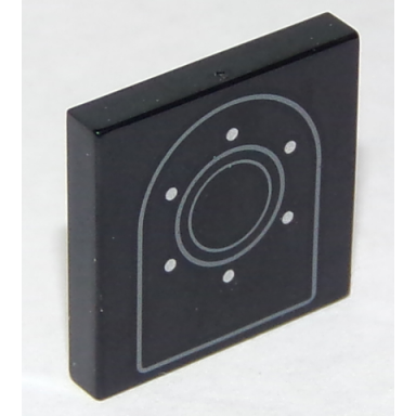 black tile 2 x 2 with arch outline two circles and six rivets pattern