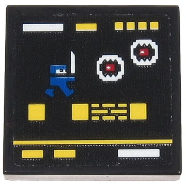 black tile 2 x 2 with video game display with blue ninja white monsters with red eyes and yellow squares and rectangles pattern sticker - set 71712