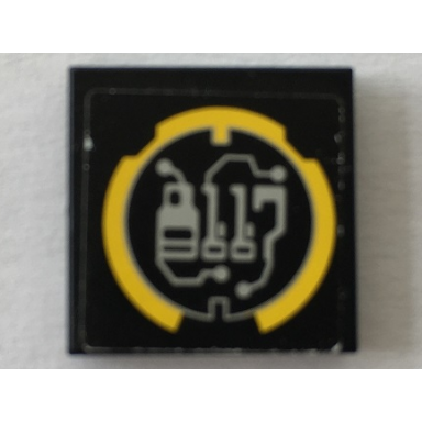 black tile 2 x 2 with yellow circle and stylized silver 8117 circuitry pattern sticker - set 8117