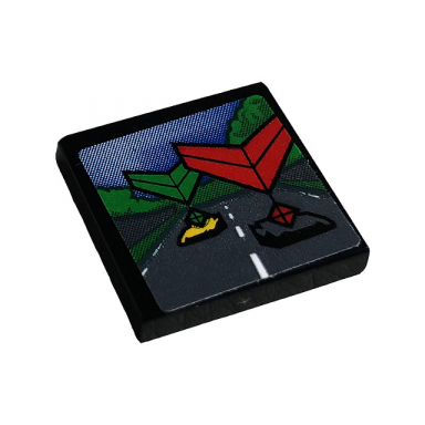 black tile 2 x 2 with screen with road cars trees sky and green and red chevrons pattern sticker - set 42096