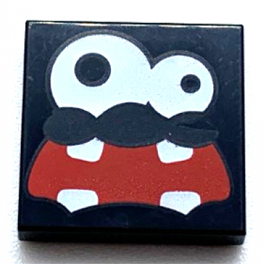 black tile 2 x 2 with white eyes large right eye and red wide open mouth with 4 teeth pattern super mario fuzzy face