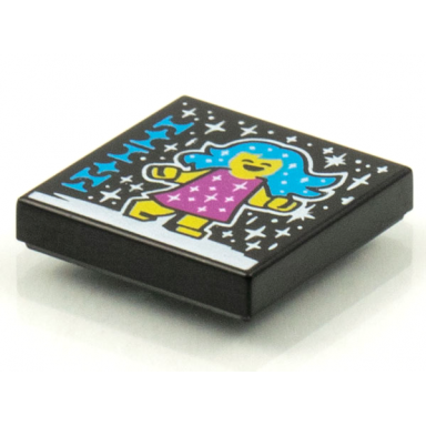 black tile 2 x 2 with beatbit album cover - girl with dark azure hair magenta dress and white stars pattern