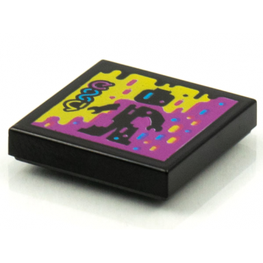 black tile 2 x 2 with beatbit album cover - black minifigure in yellow and purple splotches pattern