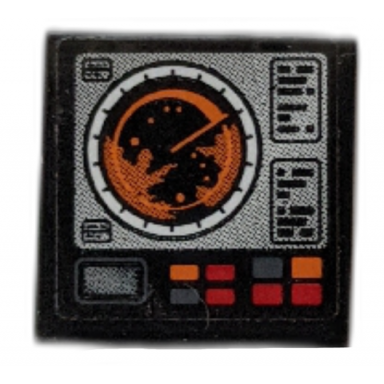 black tile 2 x 2 with light bluish gray rectangle with orange radar and buttons pattern sticker - set 42076