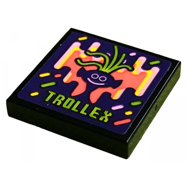 black tile 2 x 2 with dark purple troll head lime hair and trollex king trollex pattern sticker - set 41250