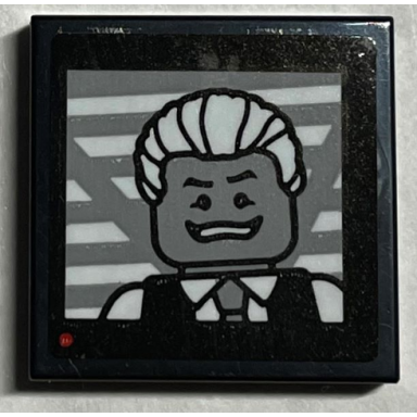 black tile 2 x 2 with tv screen red dot and minifigure with white hair and suit pattern sticker - set 21330