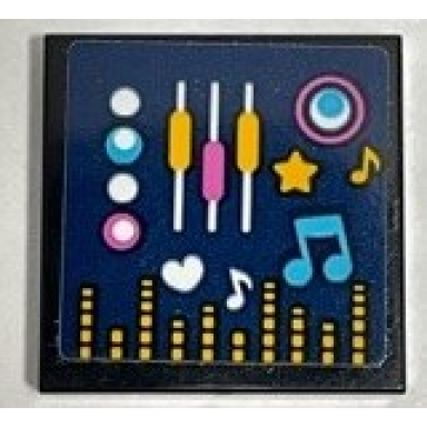 black tile 2 x 2 with medium azure bright light orange and white musical notes buttons and equalizer bars on dark blue background pattern sticker - set 41347