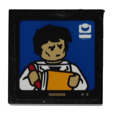 black tile 2 x 2 with tv screen with minifigure holding red pen and yellow notepad pattern sticker - set 10292