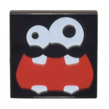 black tile 2 x 2 with white eyes large left eye and red wide open mouth with 4 teeth pattern super mario fuzzy face