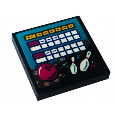 black tile 2 x 2 with bowling alley scoreboard screen dark pink ball and white skittles pattern sticker - set 41708