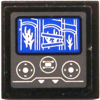 black tile 2 x 2 with control panel with flames and building on blue screen white arrows and joysticks pattern sticker - set 60216