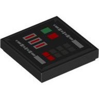 black tile 2 x 2 with sw darth vader control panel with dark silver outline and silver green and red buttons pattern